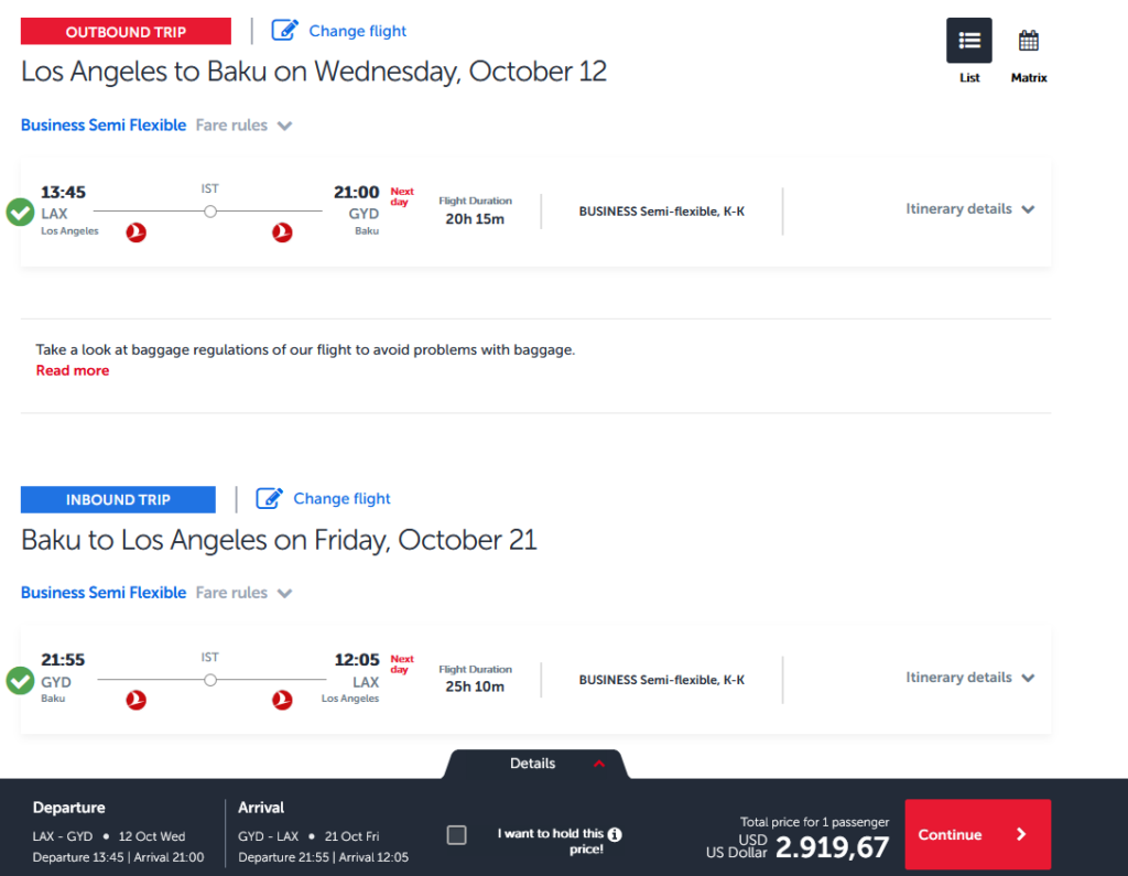 LAX-GYD Business Class