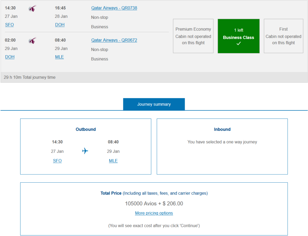 SFO-MLE British Airways Avios