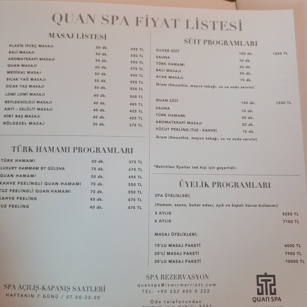 Izmir Marriott Quan Spa Menu & Prices