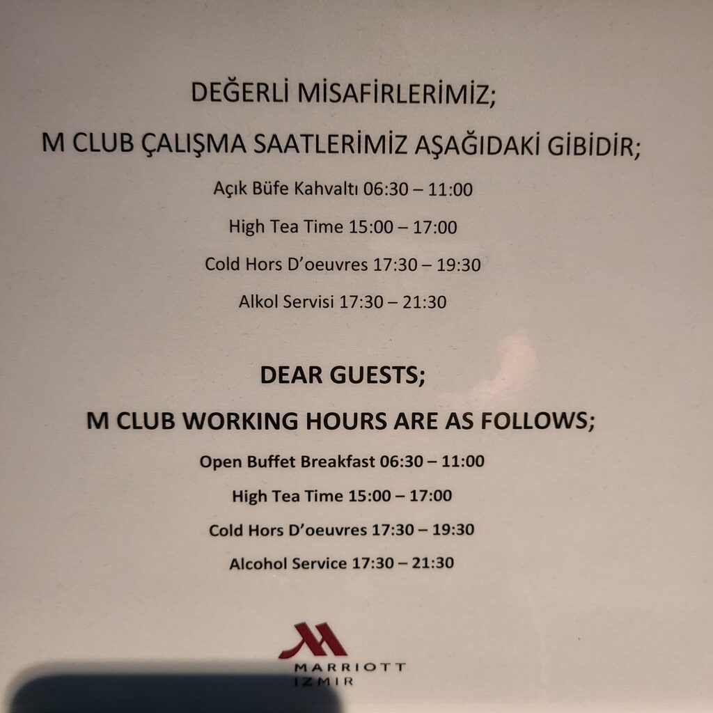 Izmir Marriott MClub Lounge Schedule