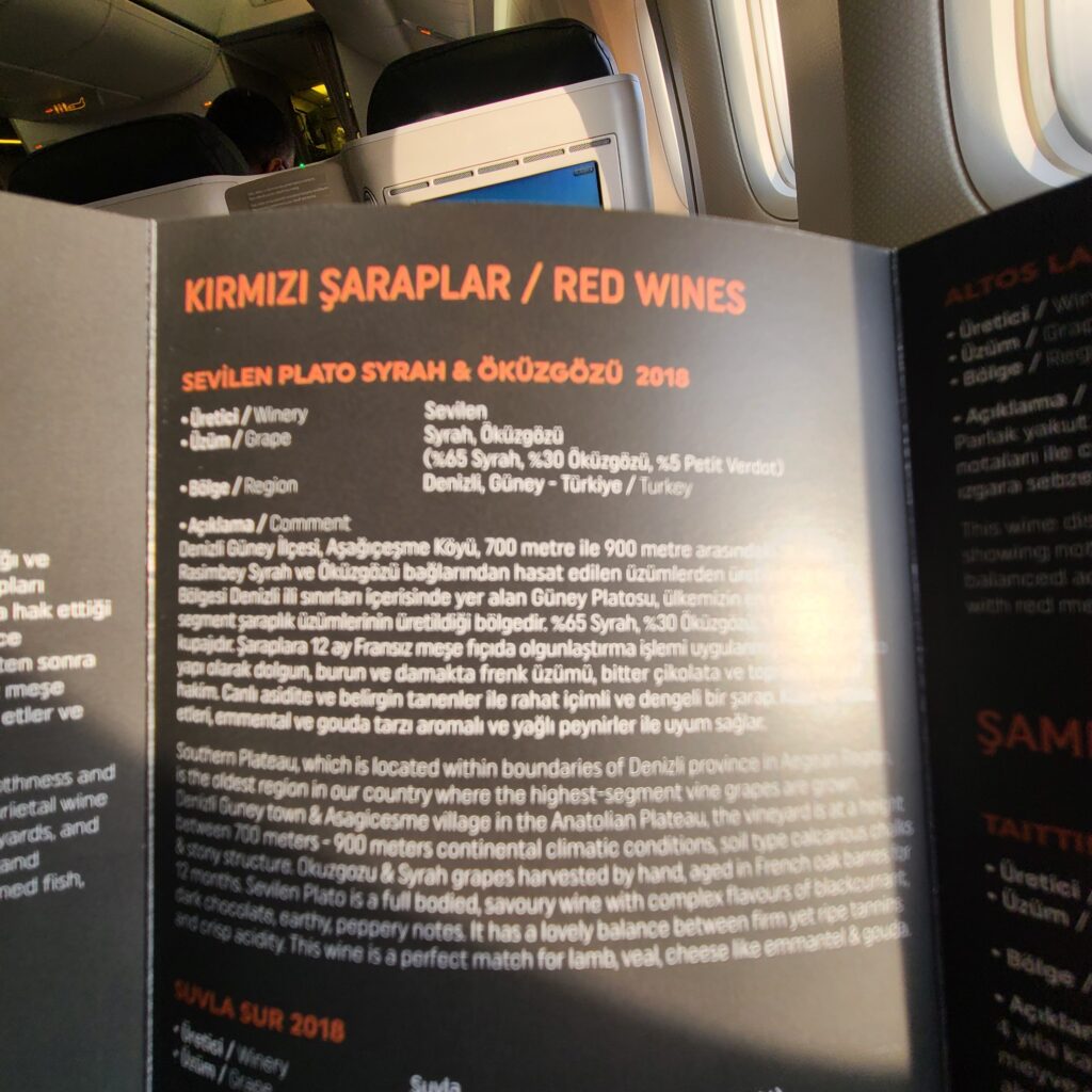 Turkish Airlines Business Class Drinks Menu