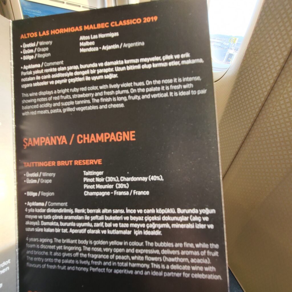 Turkish Airlines Business Class Drinks Menu