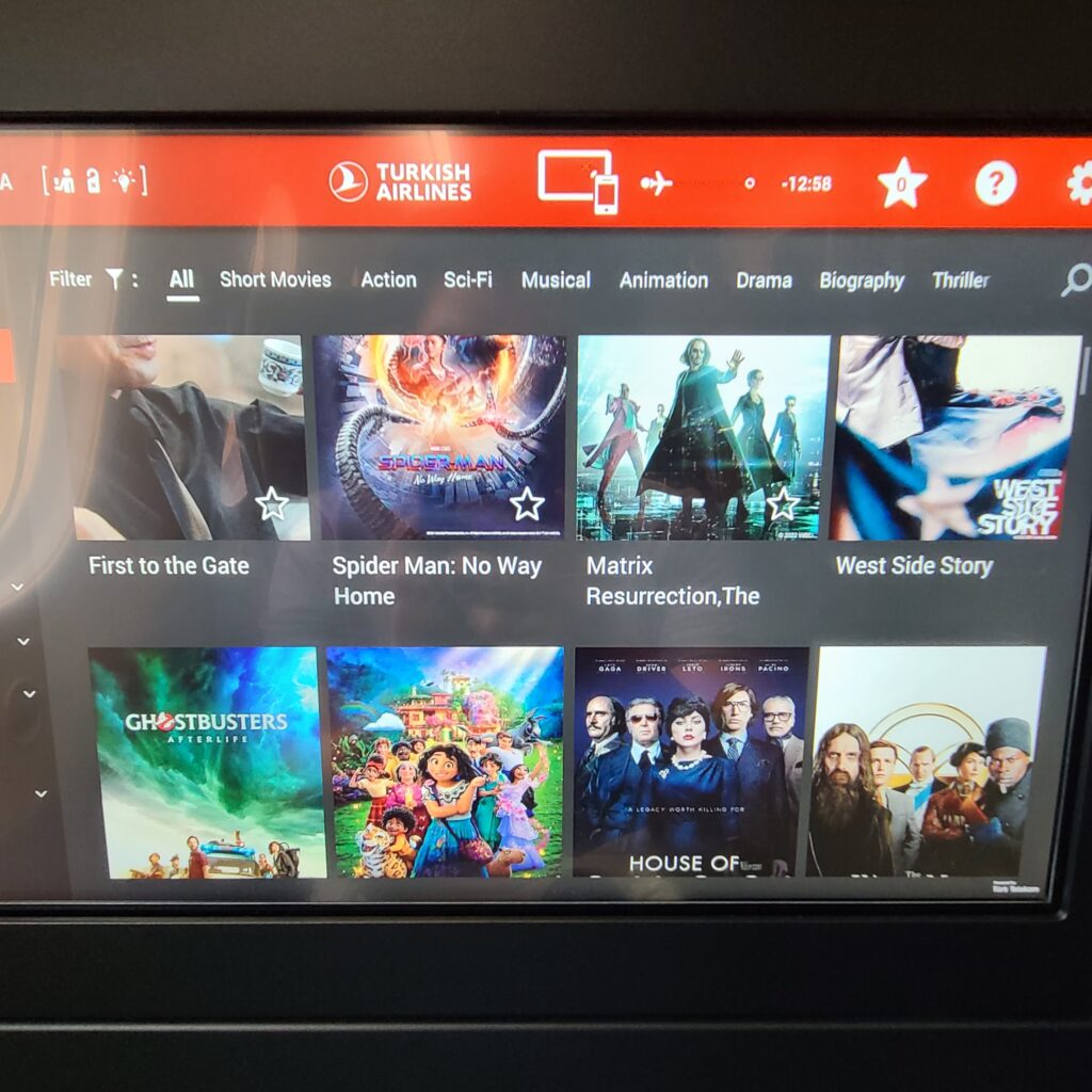 Turkish Airlines Business Class 787 Entertainment Screen