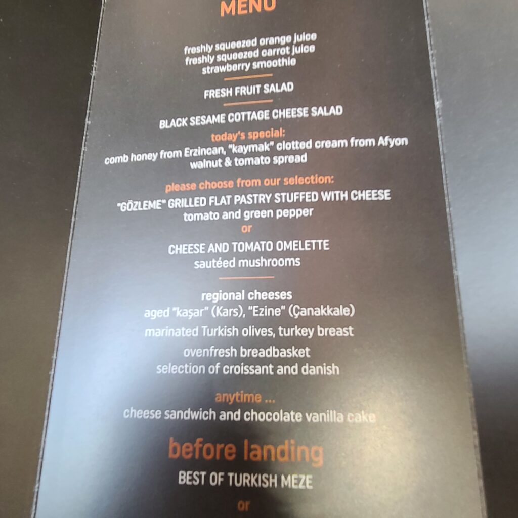 Turkish Airlines Business Class 787 Food Menu