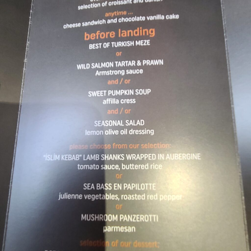 Turkish Airlines Business Class 787 Food Menu