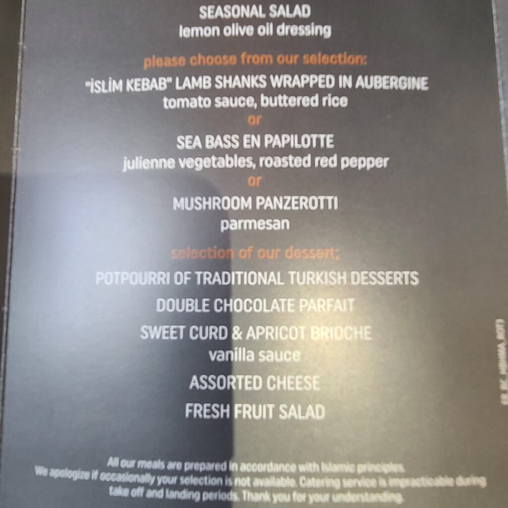 Turkish Airlines Business Class 787 Food Menu