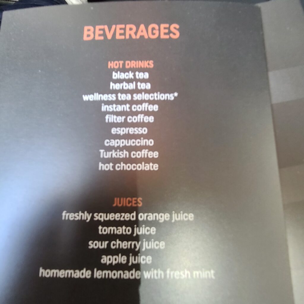 Turkish Airlines Business Class 787 Beverages Menu