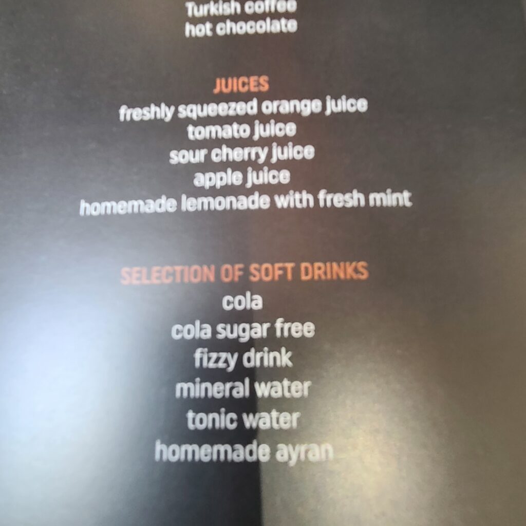 Turkish Airlines Business Class 787 Beverages Menu