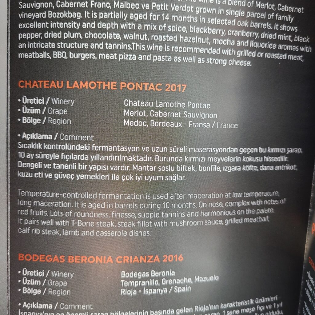 Turkish Airlines Business Class 787 Alcohol Menu