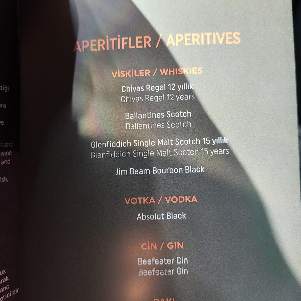 Turkish Airlines Business Class 787 Alcohol Menu