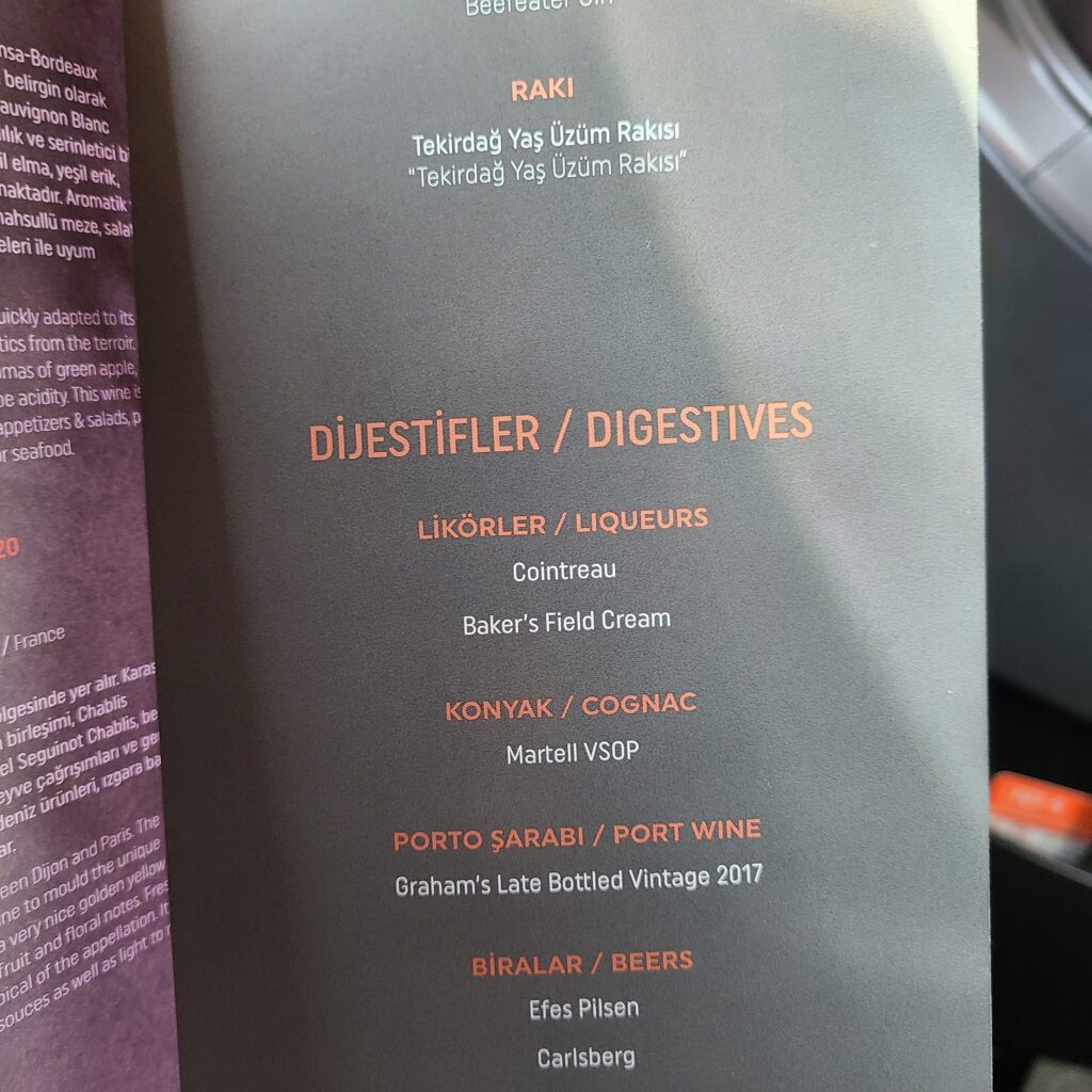 Turkish Airlines Business Class 787 Alcohol Menu