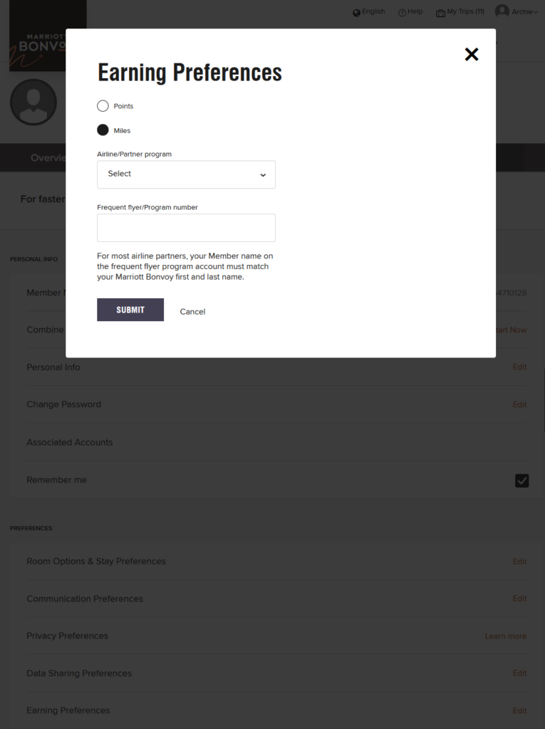 Marriott Bonvoy Earning Preferences