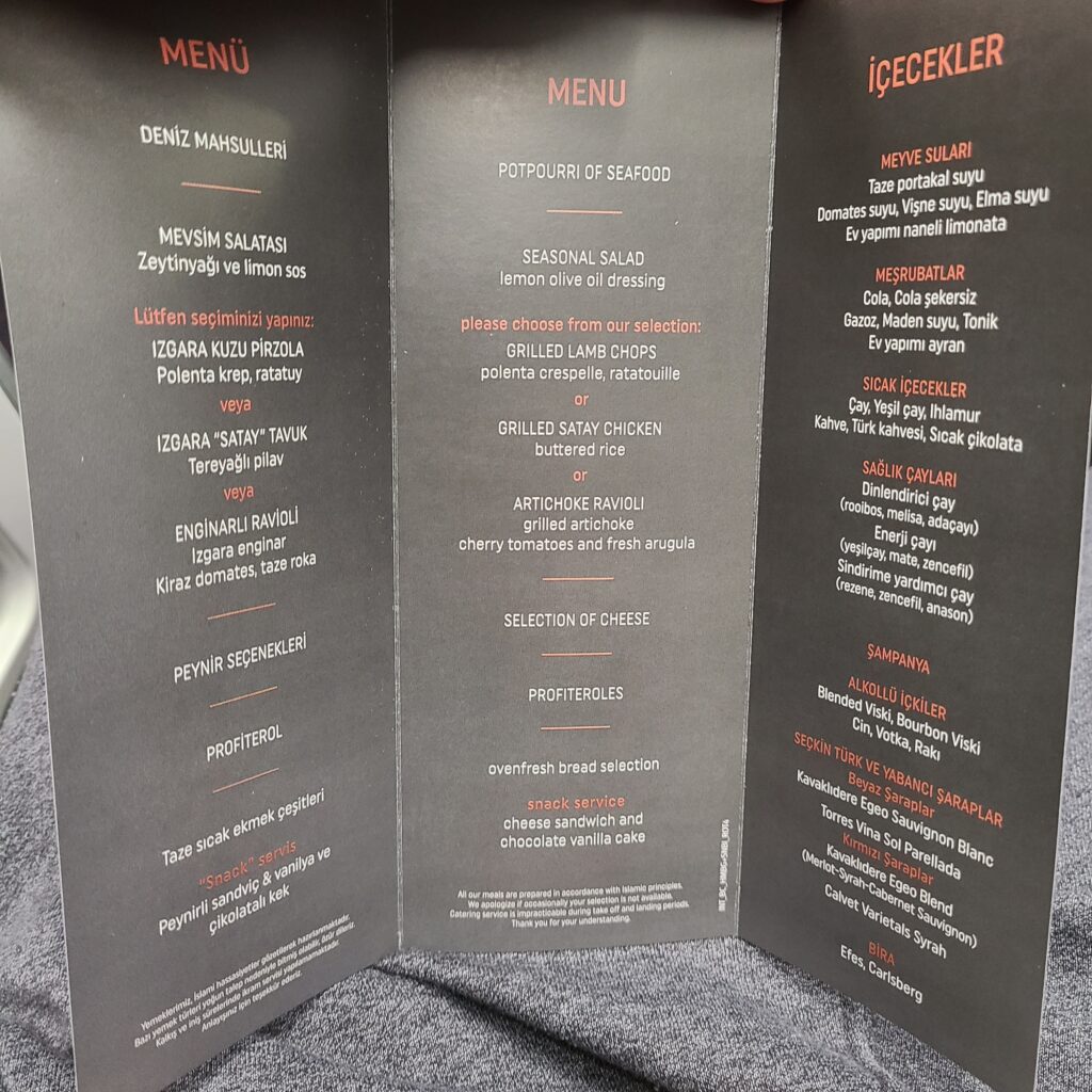 Turkish Airlines Business Class A321neo Food Menu