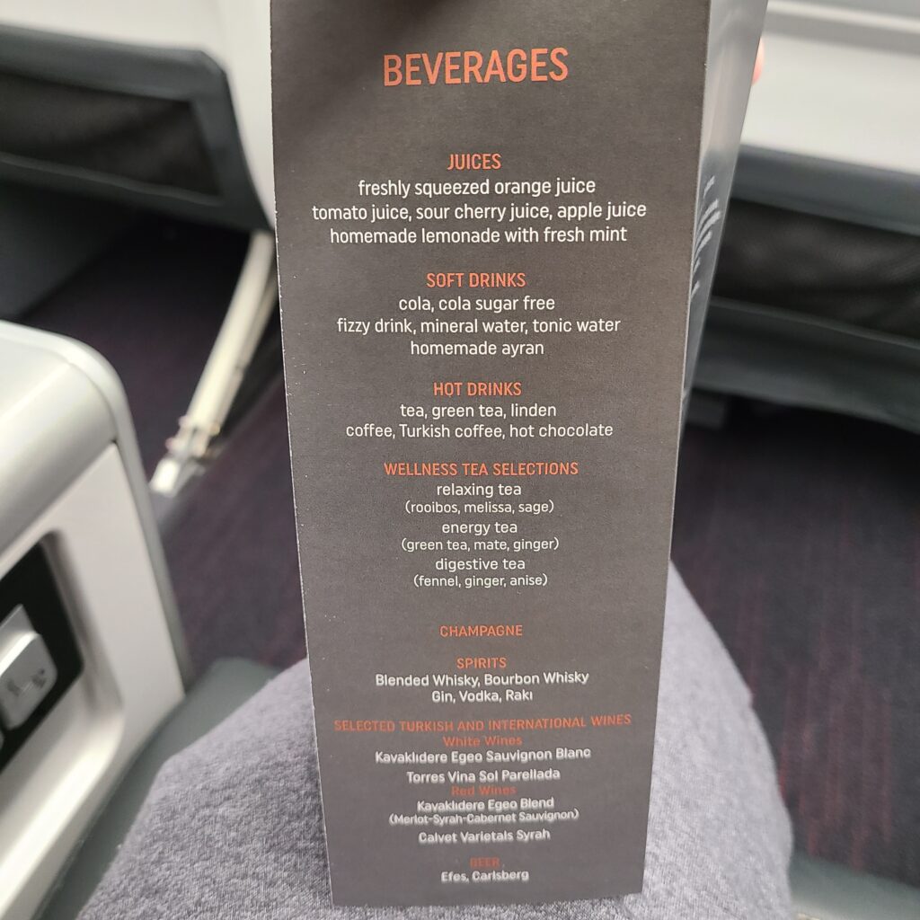 Turkish Airlines Business Class A321neo Drinks Menu