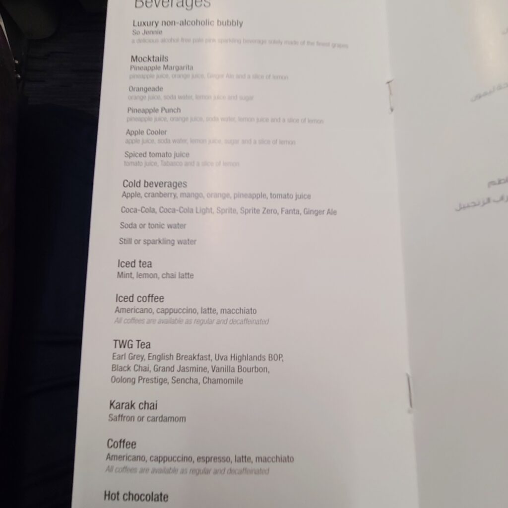 Qatar Airways Old Business Class A320 Non-Alcoholic Drinks Menu