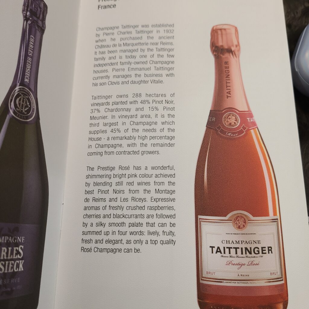 Qatar Airways Business Class Champagne Taittinger Prestige Rose & Brut Reserve (Left)