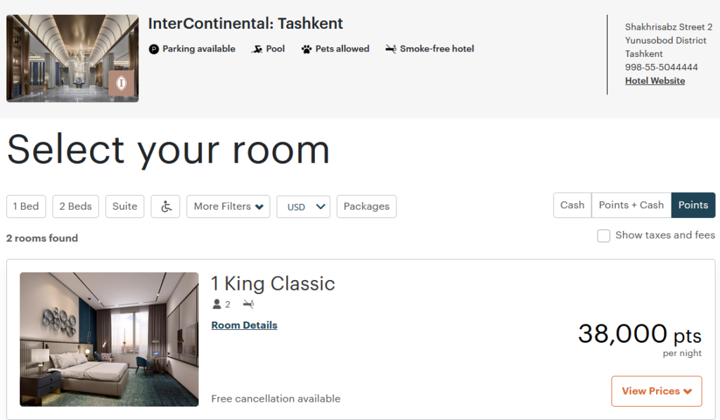 InterContinental Tashkent IHG Rewards Points Requirements