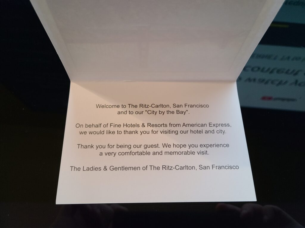 The Ritz-Carlton, San Francisco Amex FHR Welcome Note