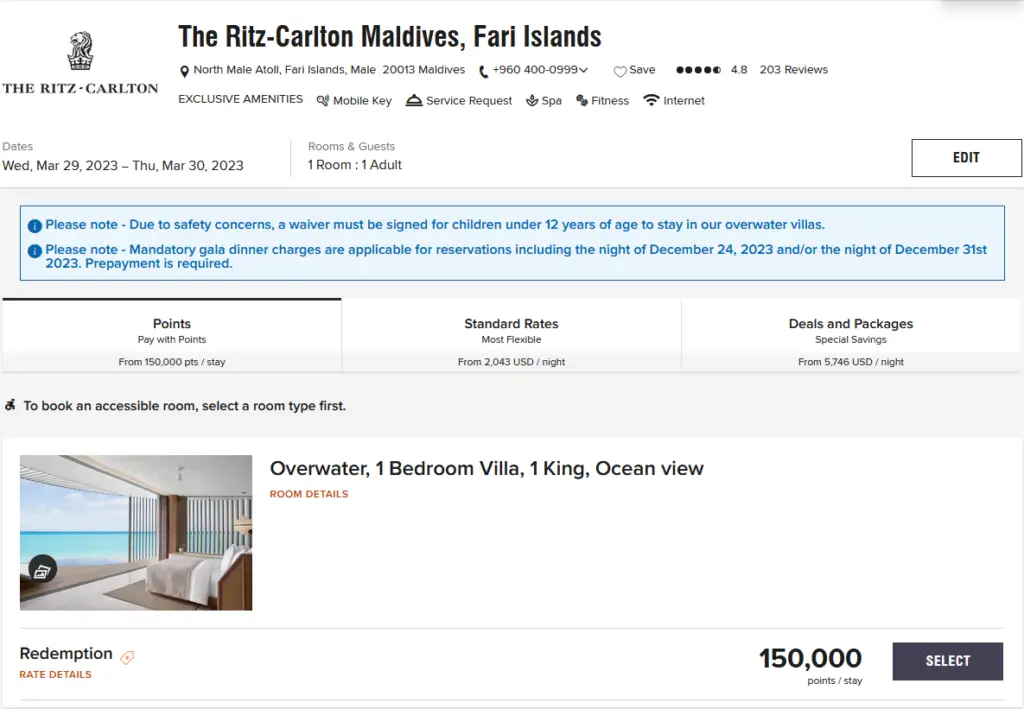 Ritz-Carlon Maldives 150k Points/Night