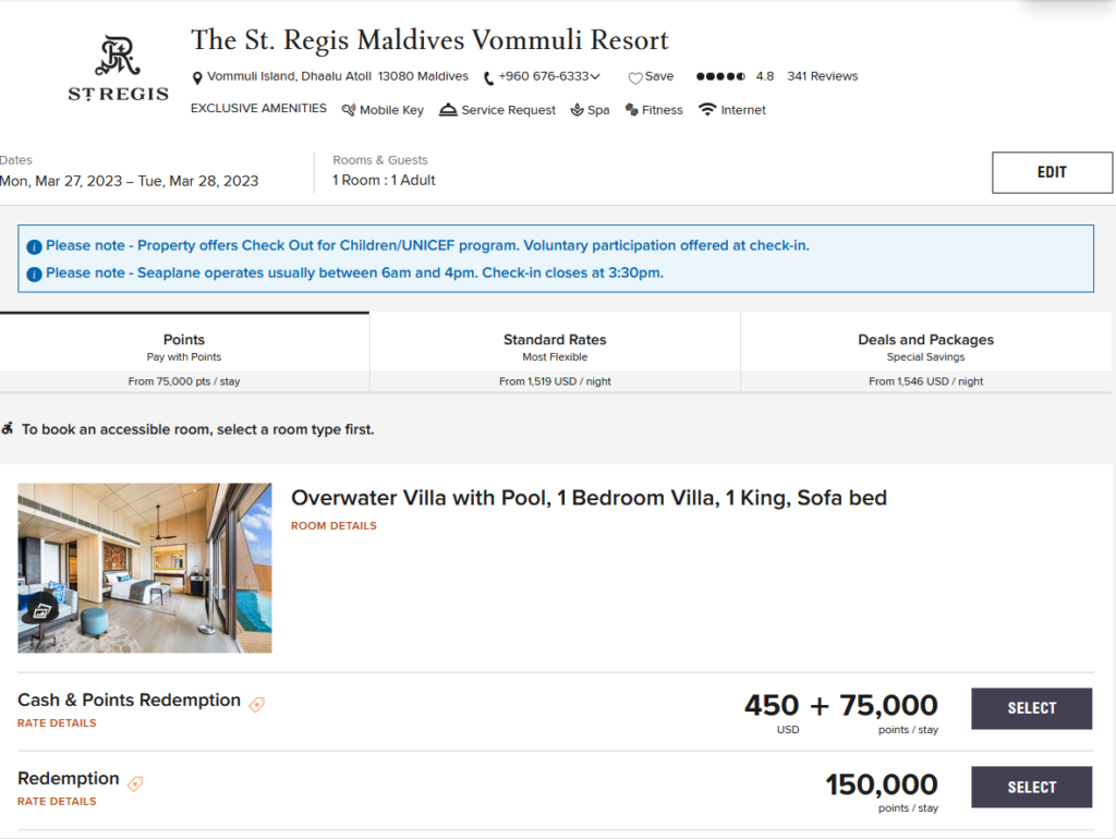 St. Regis Maldives 150k Points/Night