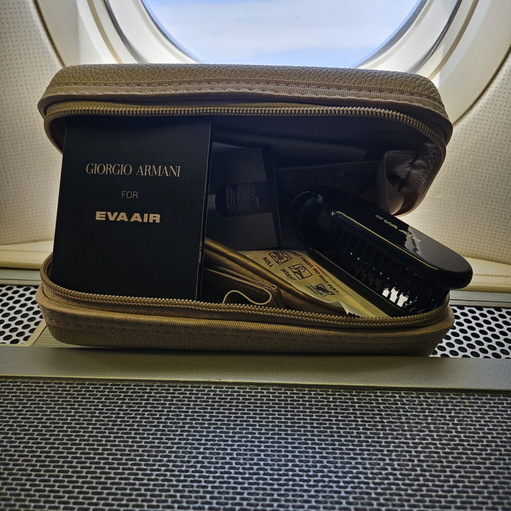 EVA Air Boeing 777 Royal Laurel Giorgio Armani Amenity Bag Opened (Tan)