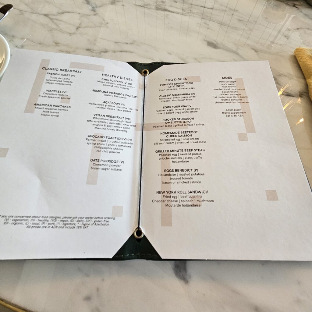 Ritz-Carlton Baku Tribeca Restaurant A La Carte Menu