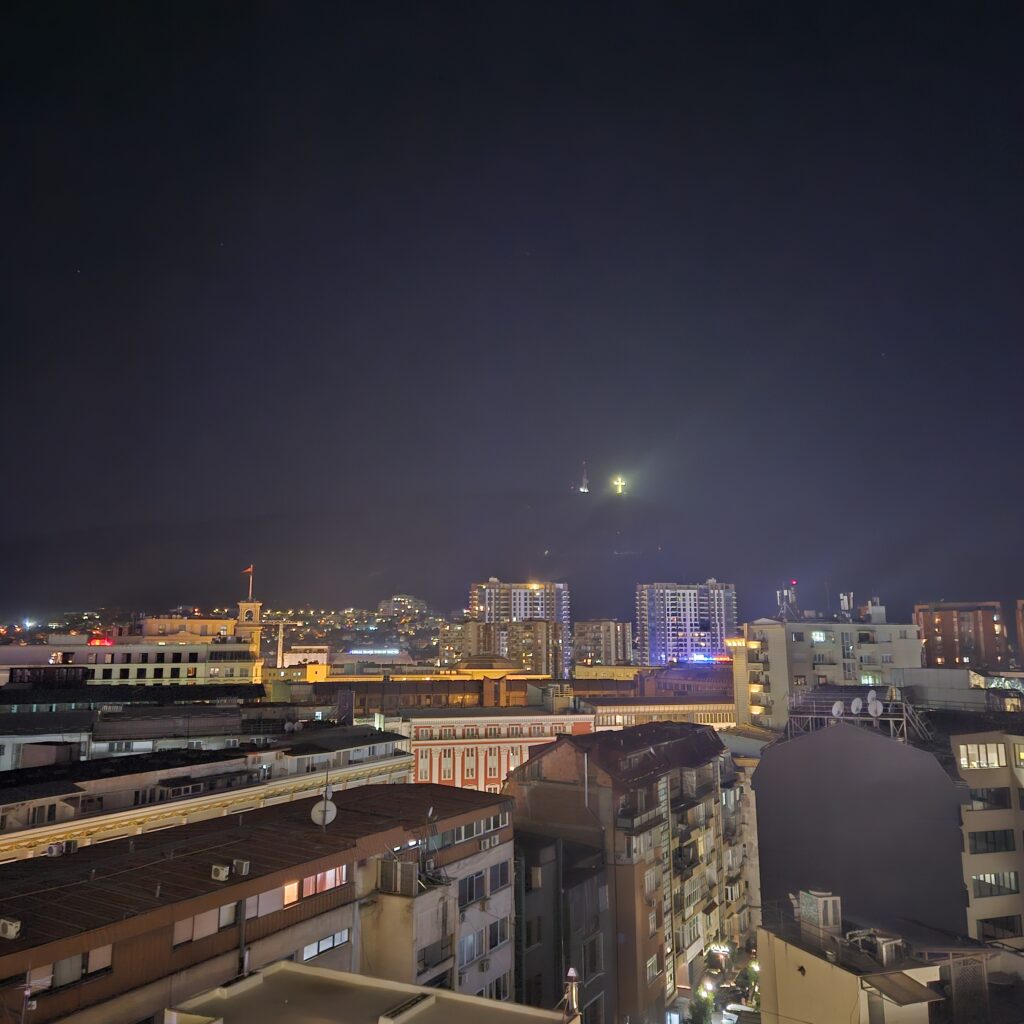 Skopje Marriott Executive Suite Balcony at Night (Millenium Cross can be seen glowing in the background)