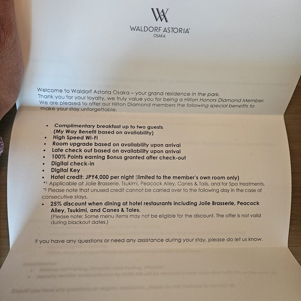 Waldorf Astoria Osaka Hilton Diamond Benefits