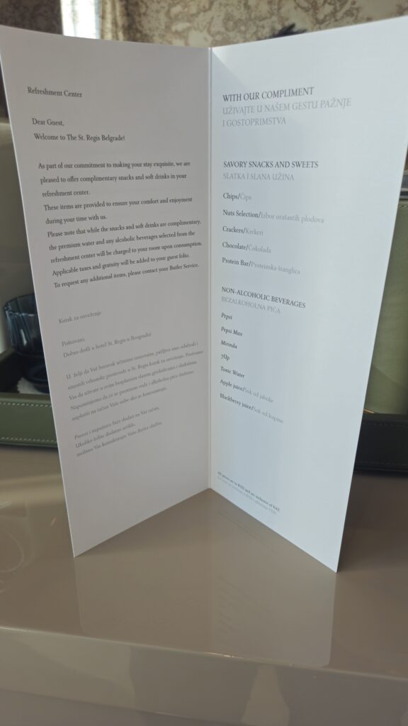 St. Regis Belgrade Free Soft Drinks & Snacks in Minibar