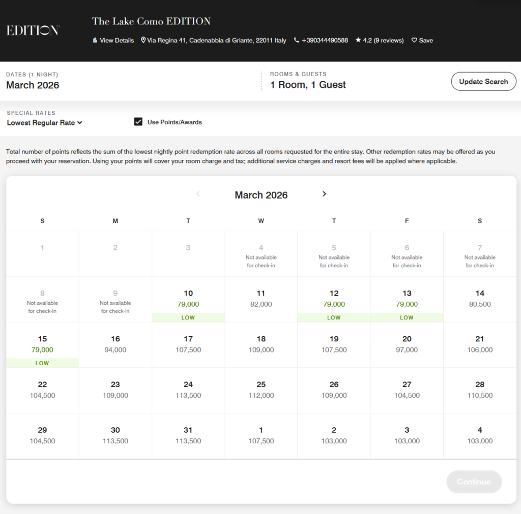 Lake Como EDITION Off-Season Price on Points