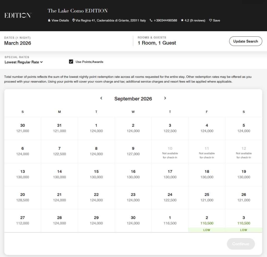 Lake Como EDITION Peak Season Pricing on Points