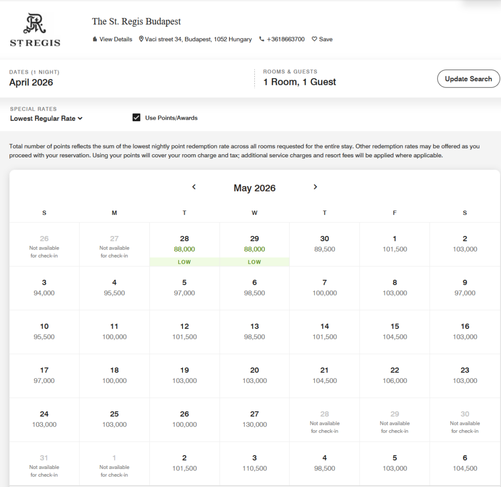 St. Regis Budapest Points Pricing