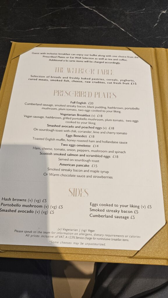 The Welbeck Hotel London Restaurant a La Carte Breakfast Menu