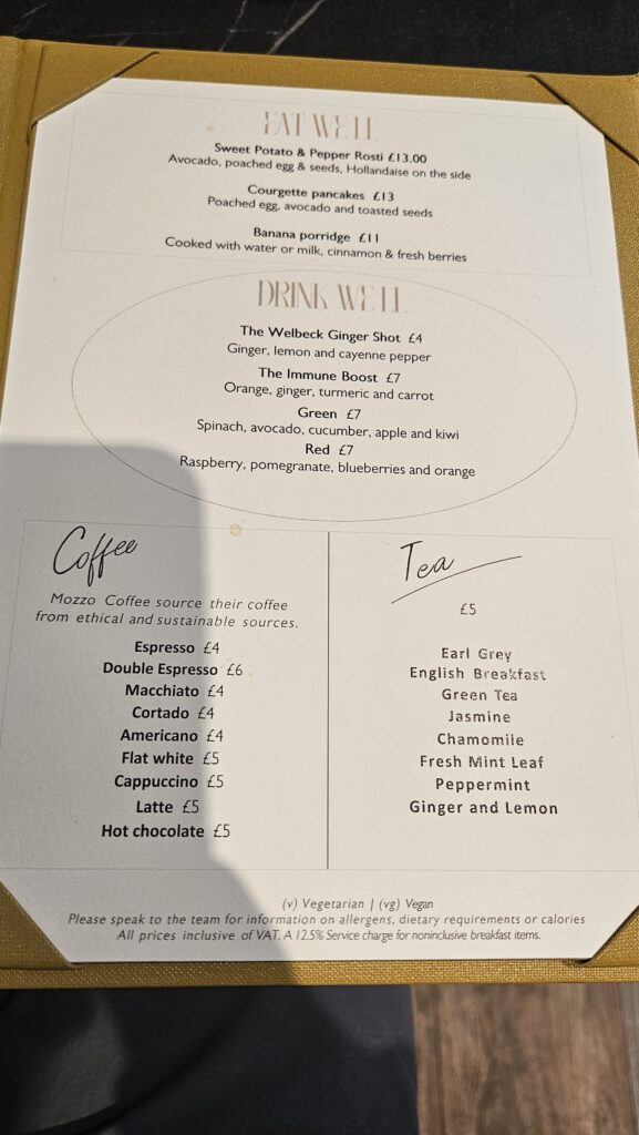 The Welbeck Hotel London Restaurant a La Carte Breakfast Menu